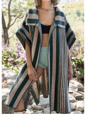 POL Striped Knit Poncho Cardigan Boho Open Front Oversized Shawl Collar